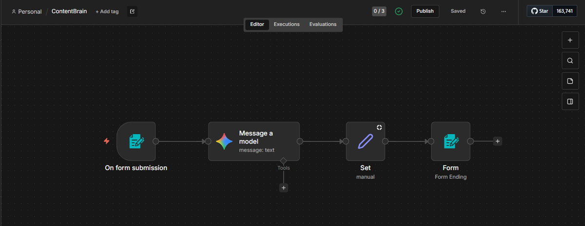 T_T_Charles's tweet photo. just finished my first mini n8n project (An AI content generator which takes in information about your business and generates tailored ideas for you)has only 4 nodes although it took me longer than it would have with code i guess its cause i didnt understand it well enough yet https://t.co/vyALXIhnhi