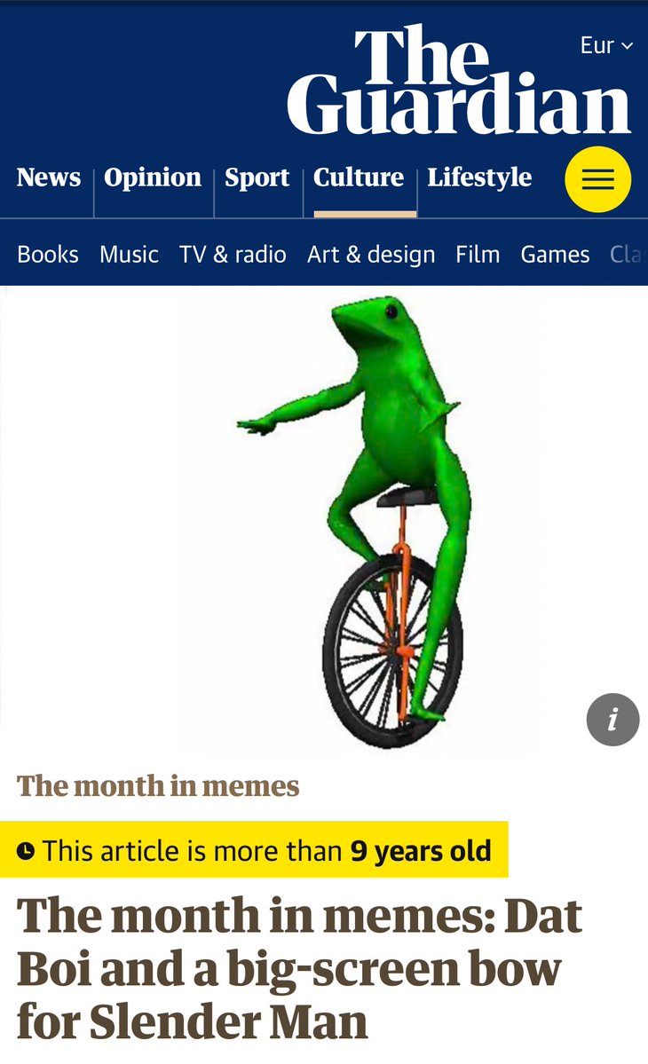 Wum_ladyzchoice's tweet image. Marked.

DATBOI a relatable meme is also finding its floor and ready to unicycle back to froghalla!

DATBOI is

-Featured in Physics textbook and The Guardian newspaper 
-Has the Creator’s blessing and IP rights secured

Check us out @DatBoiPepeKlr