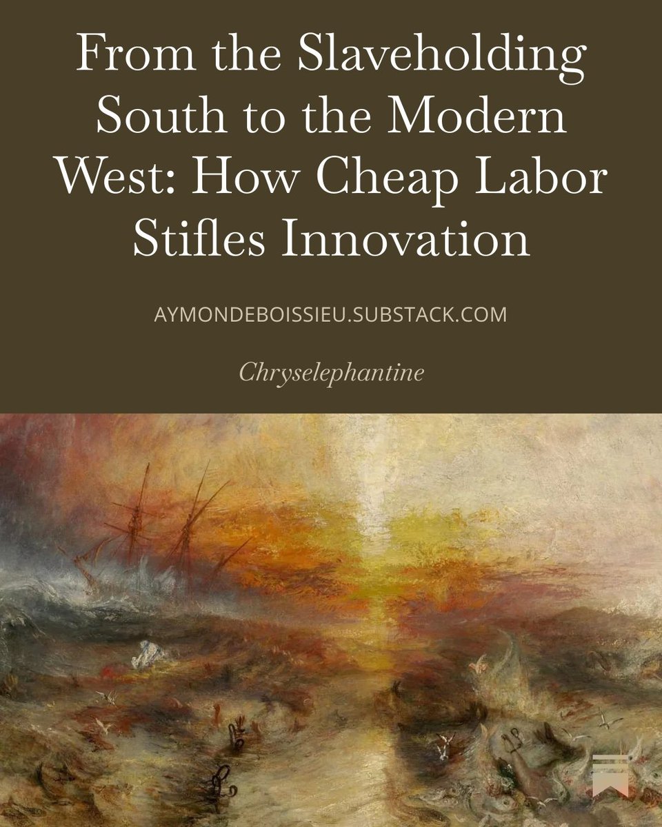 À travers l’exemple du Sud esclavagiste américain, j’explore une idée simple : quand le travail est artificiellement bon marché, l’innovation recule, les investissements se retardent et une société finit par se condamner à la stagnation.

open.substack.com/pub/aymondeboi…