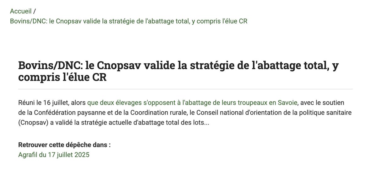 La <a href="/coordinationrur/">Coordination Rurale</a> était POUR la politique sanitaire d'abattage total des foyers de #DNC lors du CNOPSAV du 16 juillet dernier.