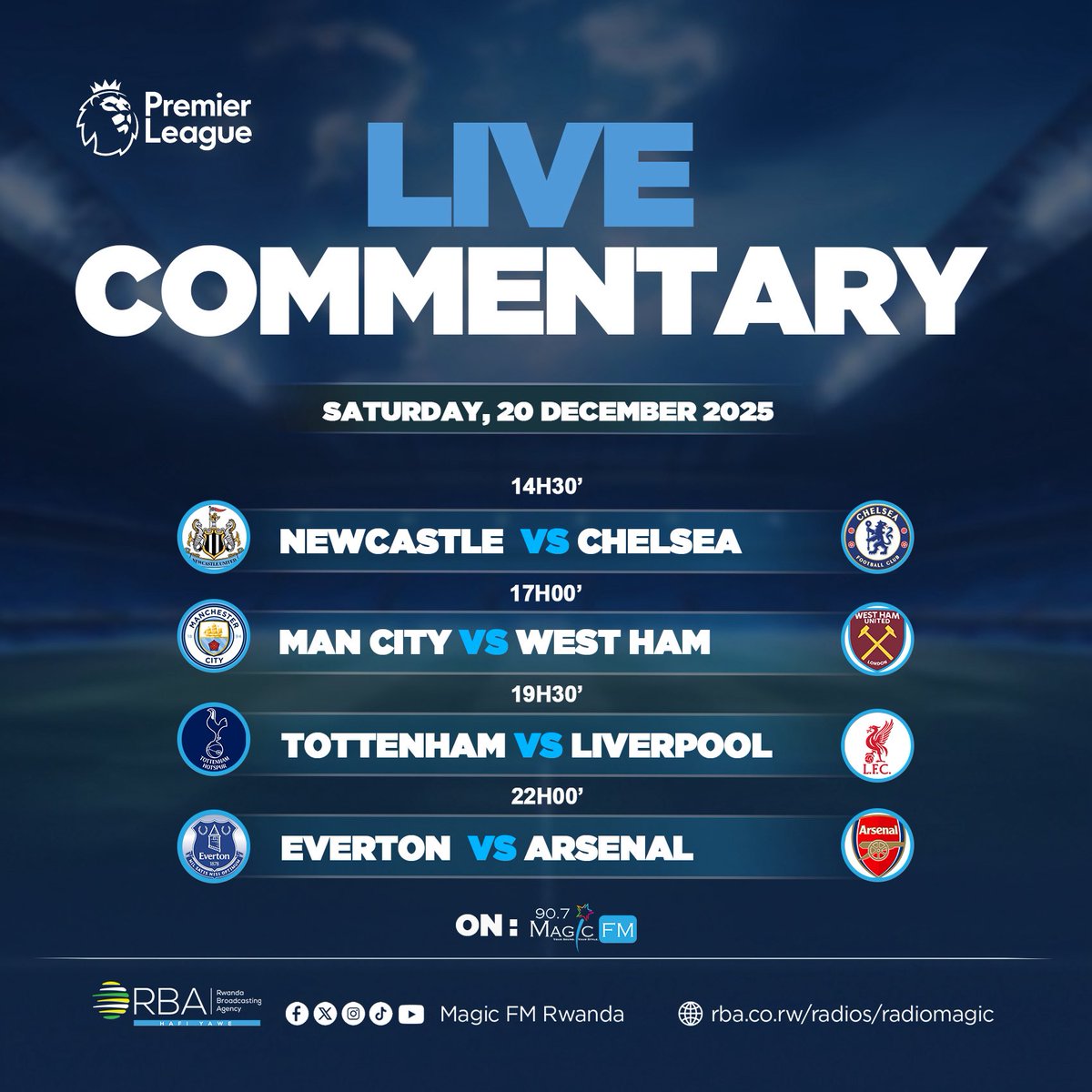 MagicFmRadio's tweet image. Uwa Gatandatu udasanzwe mu rugamba rwo guhatanira #premierleague 🔥⚽️ 

Ni inde urya Noheli ayitamo amarira?

Izi #Match zose urazumva kuri #MagicFM #RBASports
