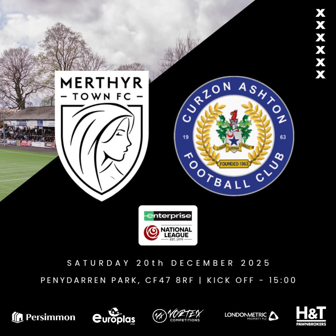 MerthyrTownFC's tweet photo. 👊🏼 𝗠 𝗔 𝗧 𝗖 𝗛 𝗗 𝗔 𝗬    

We return to Penydarren Park for the first time in almost a month as we face @CurzonAshton!

🏆 Enterprise National League North 
⚽ Kick Off | 15:00
🏟️ Penydarren Park  

Get under the stands, get behind the lads and let’s #PackThePark! https://t.co/9MzJht2EnB