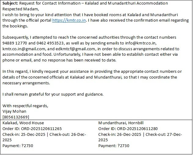 VijayMohanmr's tweet photo. @supriyasahuias Respected Madame, I kindly request your assistance in providing the appropriate contact numbers in Kalakad and Mudanthurai. Pls refer the image. https://t.co/8nwKL54mLp