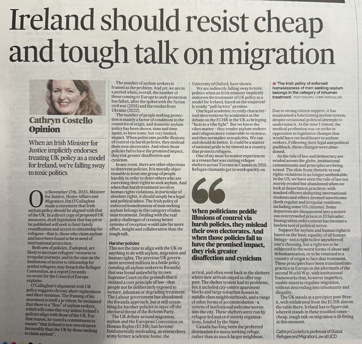 DonnchaLaw's tweet photo. Excellent piece by Professor Cathryn Costello (@ProfCCostello) of ⁦@UCDLawSchool⁩ in today’s Irish Times: Ireland should resist cheap and tough talk on migration… https://t.co/08qW9m9mi2