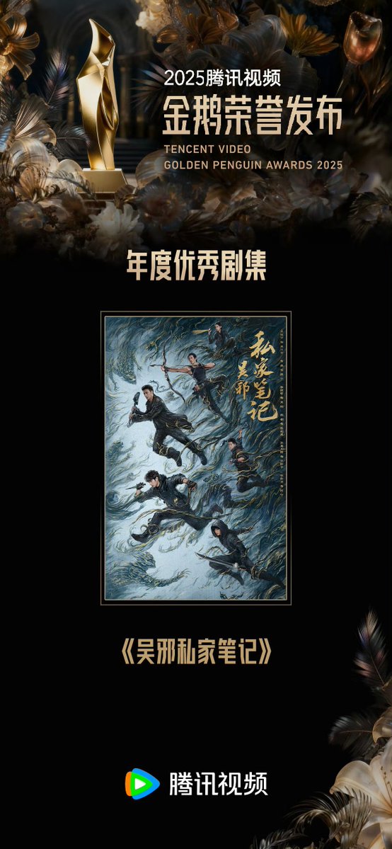 #บันทึกส่วนตัวของอู๋เสีย  ได้รับรางวัล “ซีรีส์ยอดเยี่ยมแห่งปี” ในงาน Tencent Video Golden Penguin Awards 2025 

ยินดีกับลุงสาม นักแสดงและทีมงานทุกคนด้วยค่ะ 👏🏻