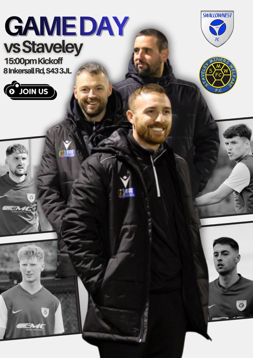 Today is GAMEDAY! ⚽️ <a href="/utdcos/">UCL</a> 

Join <a href="/BradJ605/">Brad Jones</a> and the Swall as they make the short trip to <a href="/StaveleyMWFC/">Staveley MWFC</a>🔵⚪️

We’d love to see you there backing the lads for one of our final December bangers before the year wraps up🗣️

📸🎨: Graphic created by <a href="/TMVFootball/">True Match Visuals</a>