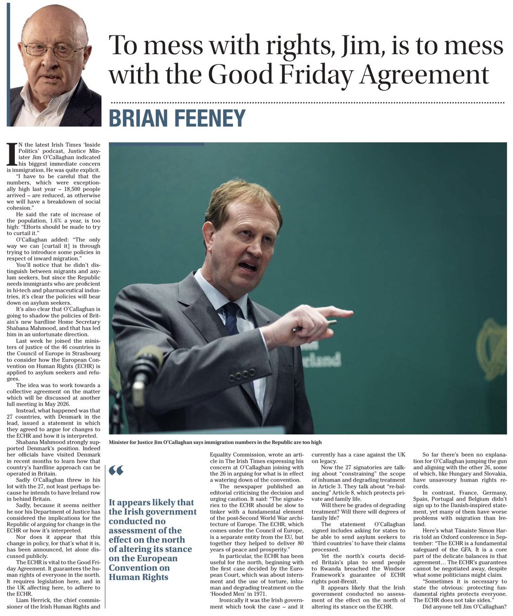 Brian Feeney highlighting a serious and potentially very damaging misstep by the Minister for Justice, Jim O’Callaghan, in relation to the ECHR - this can be corrected ahead of the meeting of Council of Europe foreign ministers in May 2026…