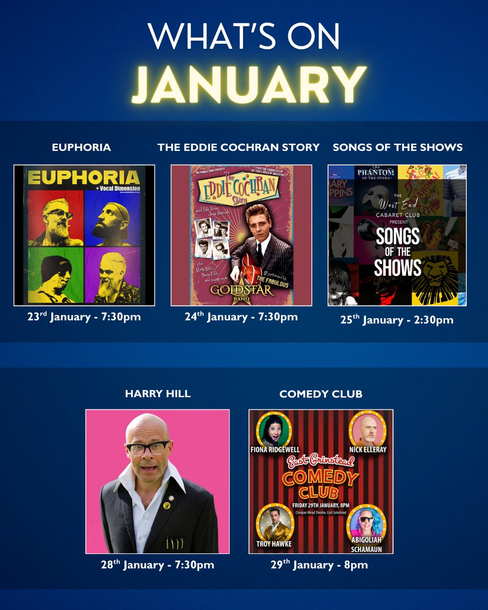 ChequerMead's tweet image. Join us in January for a fantastic line up of shows! Get some shows in your diary and wipe away those January blues. 

🎟️ loom.ly/8r_sRlI 

#chequermead #eastgrinstead #theatre #music #upcomingshows
