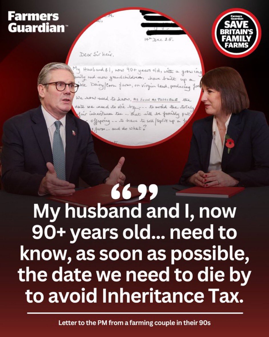 NoFarmsNoFoods's tweet image. This is what Keir Starmer &amp;amp; Rachel Reeves have created. The contemplation of death to avoid inheritance tax. Absolutely horrendous.