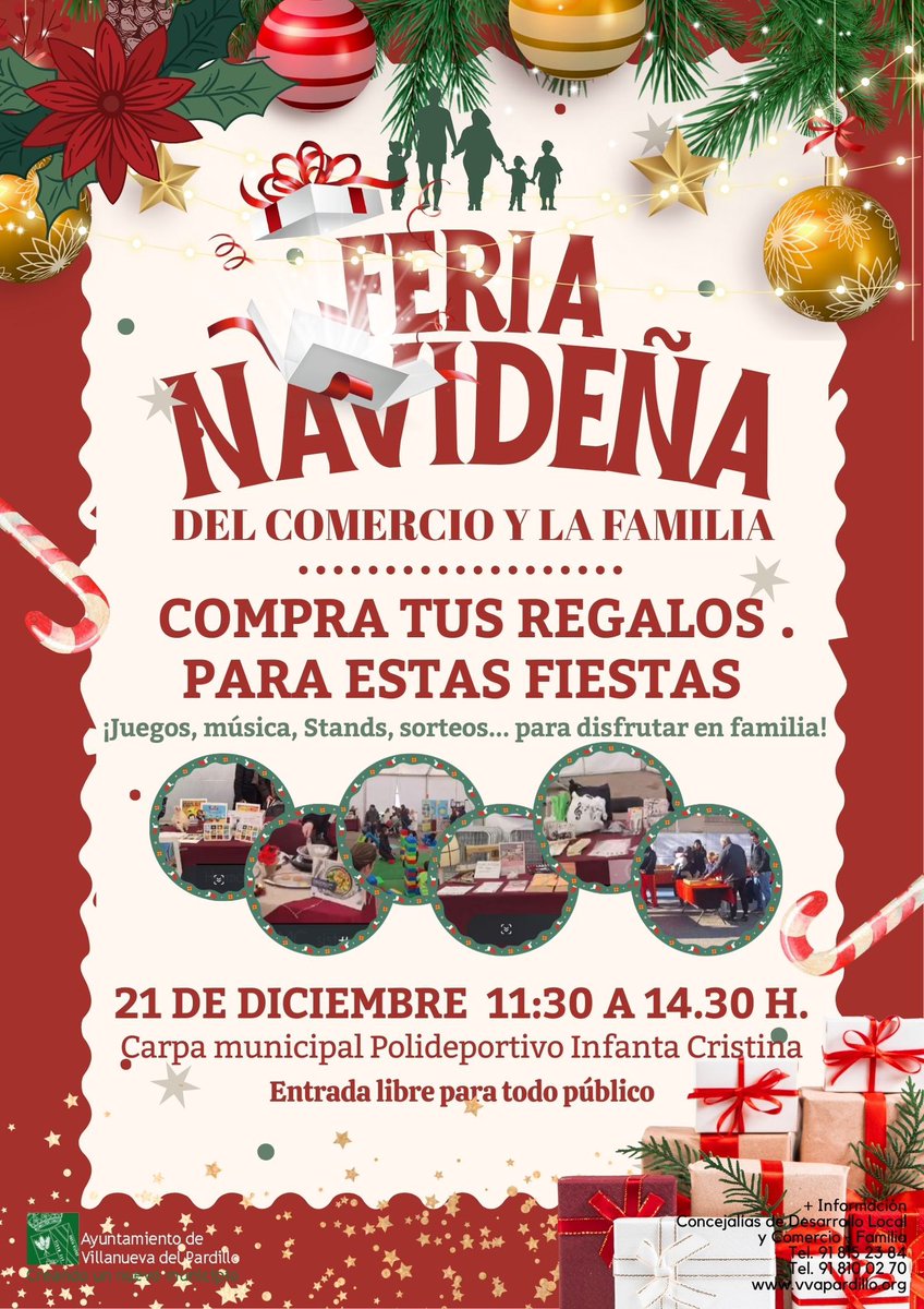 🎄🛍️ LLEGA LA VI FERIA NAVIDEÑA DEL COMERCIO Y LA FAMILIA DE VILLANUEVA DEL PARDILLO

👉🏼 Este domingo 21 de diciembre, recuerda apoyar al comercio local y disfrutar en familia.

📍 Carpa Municipal (Av. Guadarrama)
🕦 11:30–14:30 h
🎶 Juegos, talleres, villancicos y sorteos