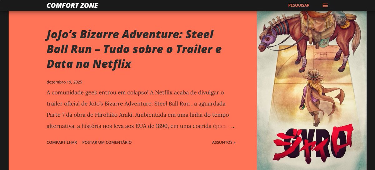 comfortzonebr's tweet image. comunidade geek entrou em colapso! A Netflix acaba de divulgar o trailer oficial de JoJo’s Bizarre Adventure: Steel Ball Run, a aguardada Parte 7 da obra de Hirohiko Araki. 🔻
comfortzonebr.blogspot.com/2025/12/jojos-…