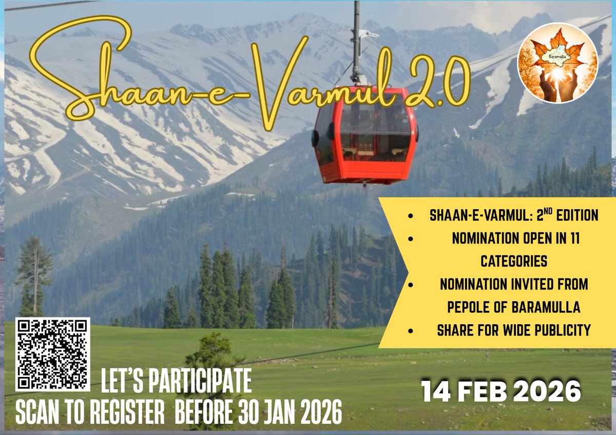 Shaan-e-Varmul 2.0 is here! 🌄Celebrating the pride, passion &amp; people of Baramulla.
🗂️ Nominations open in 11 fields 📍 Invited from people of Baramulla 📅 Register before 30 Jan 2026
📢 Scan &amp; nominate | Share for wide publicity
#ShaaneVarmul #Varmul2Point0 #Baramulla