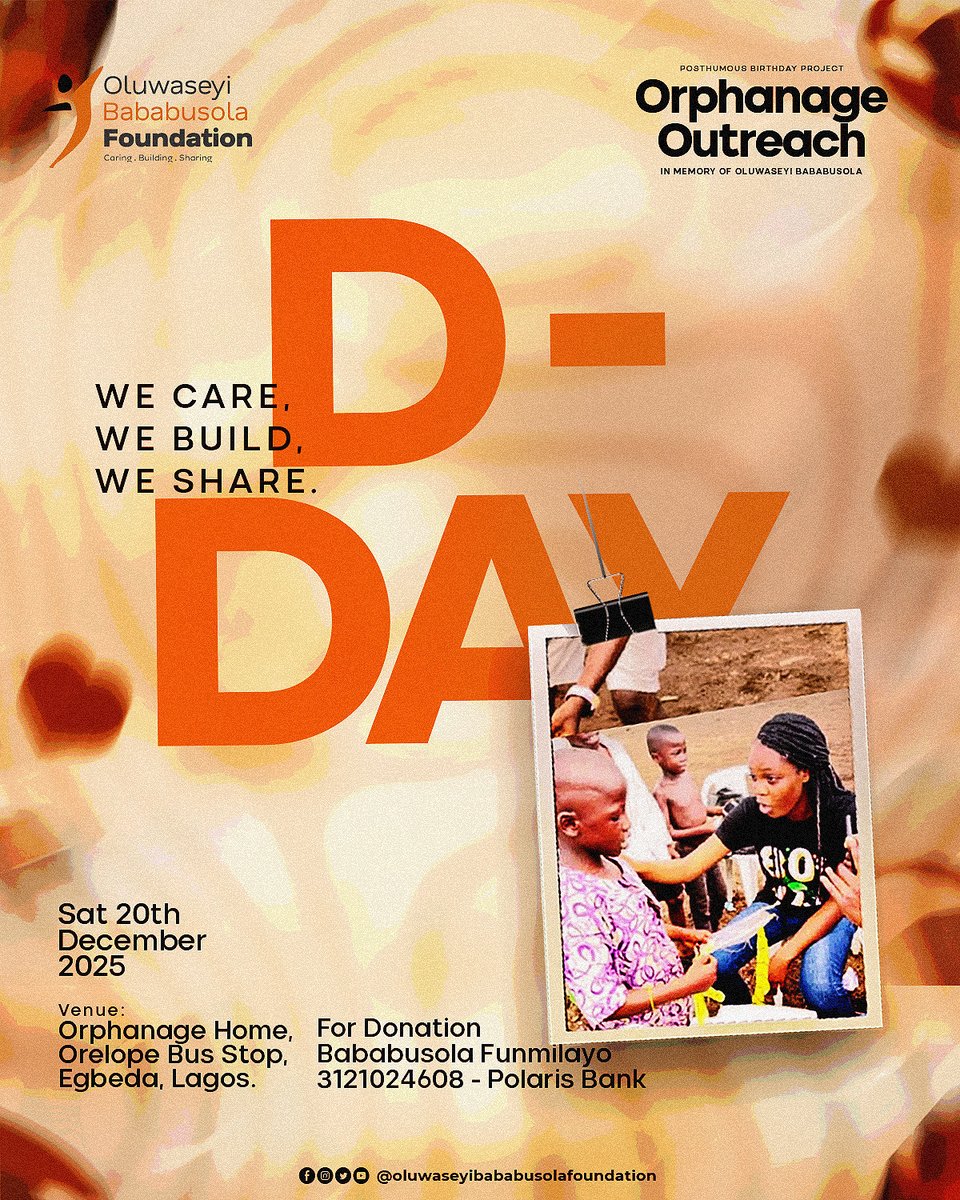 obfngo_org's tweet photo. 🎉 TODAY IS THE DAY!

It’s finally here — Project 25: Orphanage Outreach is happening today! 
In memory of Oluwaseyi Bababusola, we’re out to spread love, joy, and kindness to the beautiful children at the orphanage home. https://t.co/BfPl7PiW5c