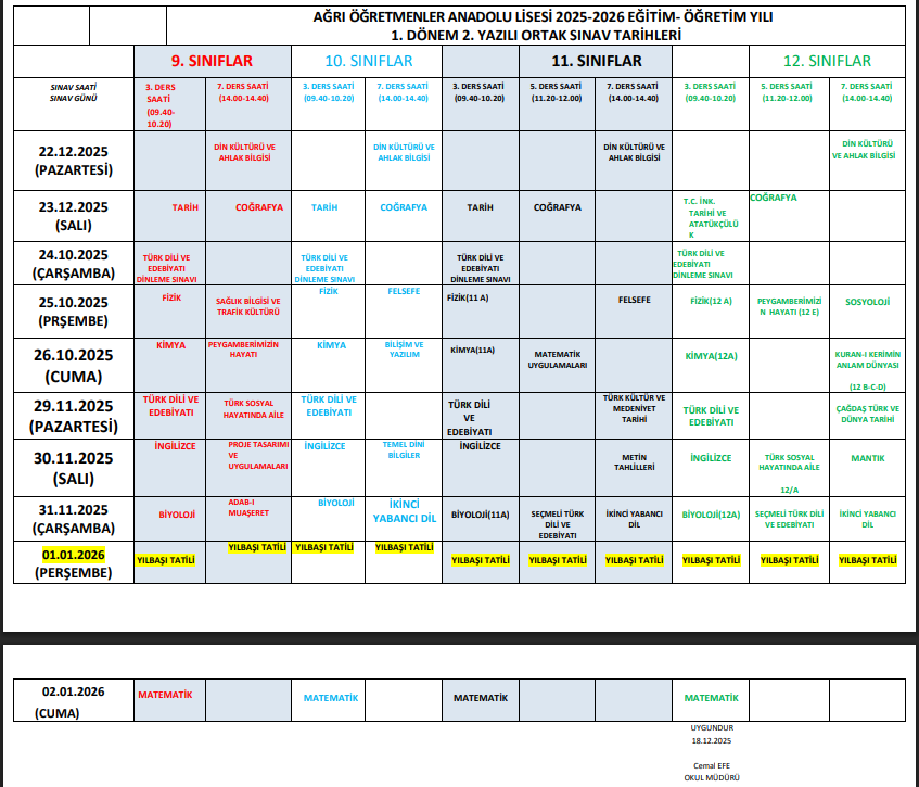 2025-2026 EĞİTİM ÖĞRETİM YILI 1.DÖNEM 2.SINAV TAKVİMİ