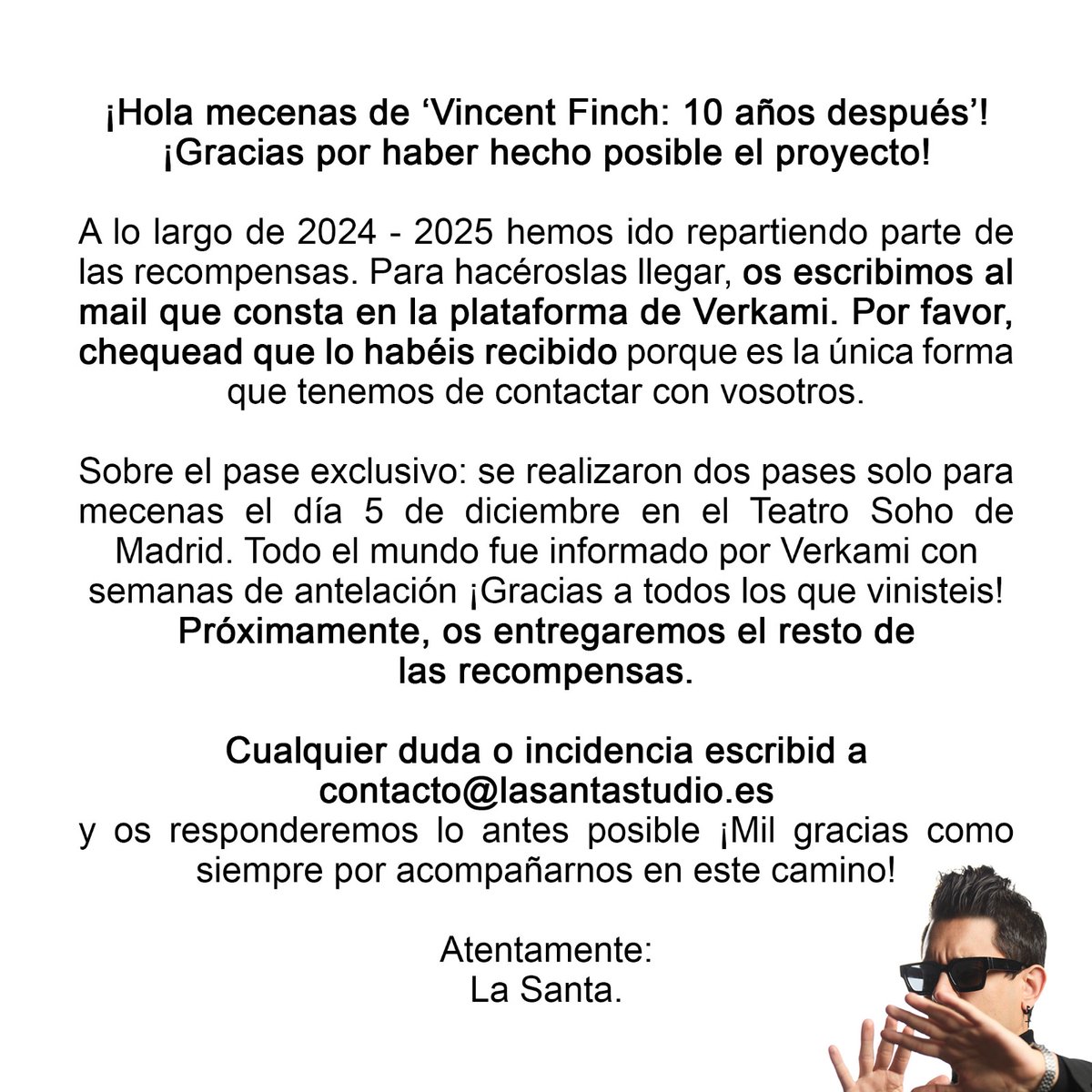 LaSantaStudio1's tweet photo. ¡Hola mecenas de ‘Vincent Finch: 10 años después’! ¡Gracias por haber hecho posible el proyecto!

✉️ Cualquier duda o incidencia escribid a contacto@lasantastudio.es y os responderemos lo antes posible. https://t.co/UdzZw4M1aH