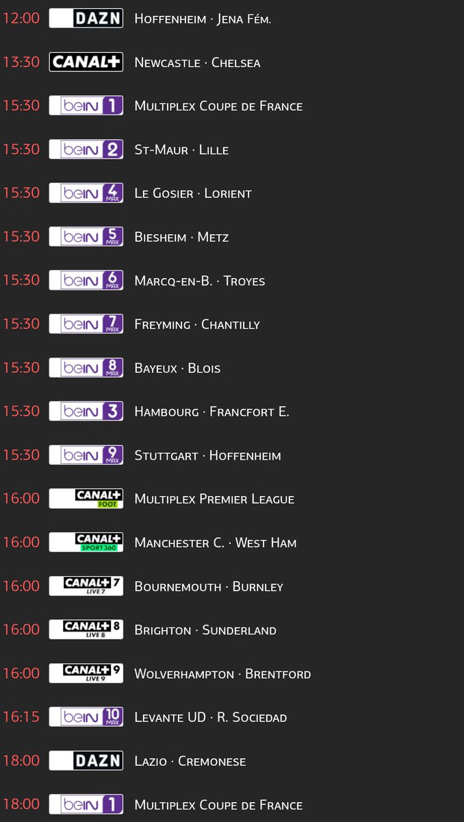 TrisInfoFoot's tweet photo. Le programme foot de ce Samedi 20 décembre: #PremierLeague #NEWCHE #CoupedeFrance #Bundesliga #MCIWHU #TOTLIV #RBLBO4 #JUVROM #EVEARS #PremiereLigue #MHSCOM #FONPSG #RMASFC https://t.co/ccvdURutnx