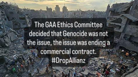 GAA Ethics Committee are responsible for not ending Allianz sponsorship. Allianz do business in illegal Israeli settlements in Palestine. Israel this week posted notices they will destroy the ONLY football pitch in Bethlehem Aida Refugee Camp where hundreds of Palestinian