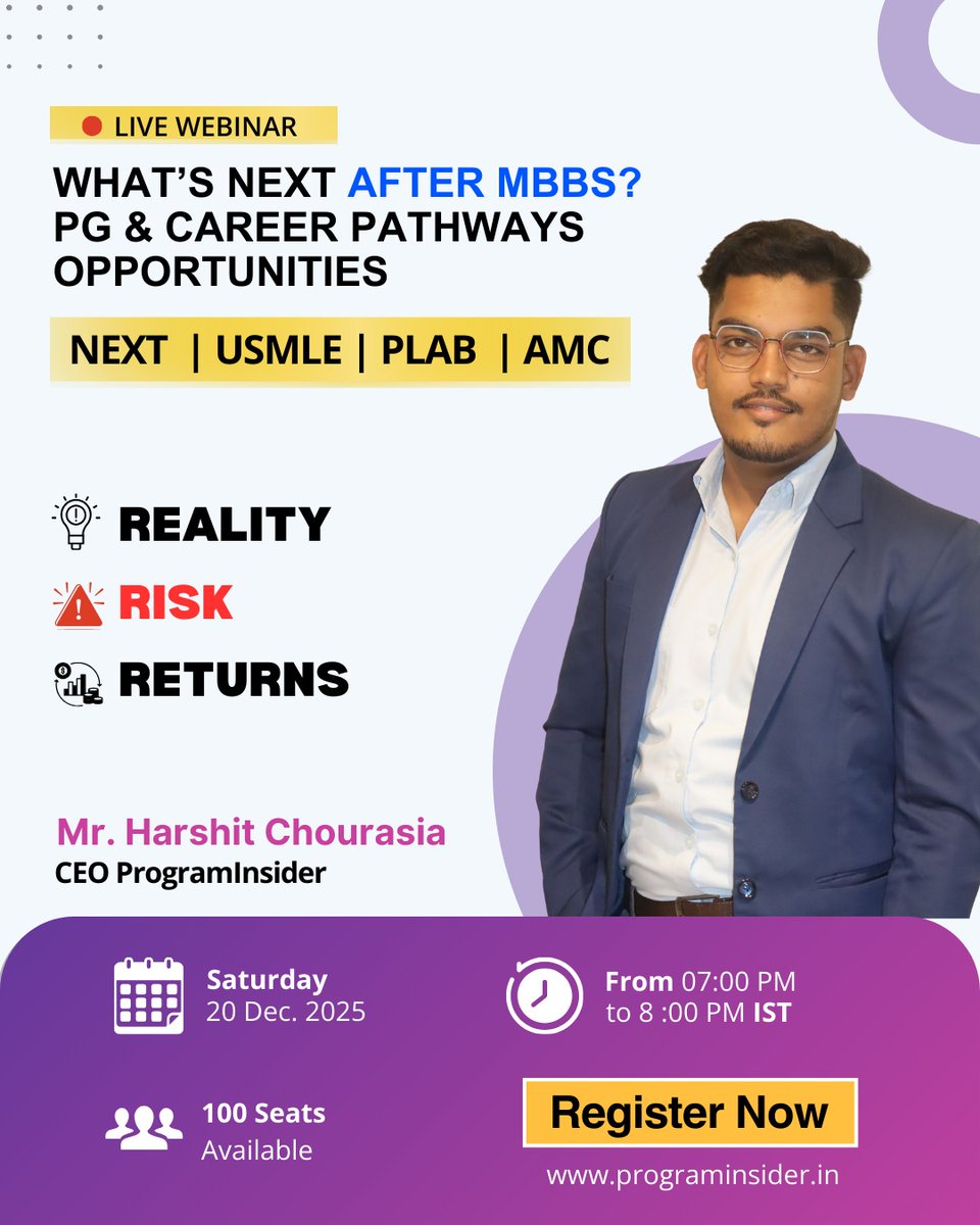 ProgramInsider's tweet photo. Most MBBS students prepare for exams without first deciding the right PG pathway. This session focuses only on decision-making.

We will compare India's PG and global residency pathways

Join- https://t.co/aDI53RzS8F

#globalpg #next #USMLE #plab #AMC #Indainpg #medicalcollages https://t.co/TntxOI079x
