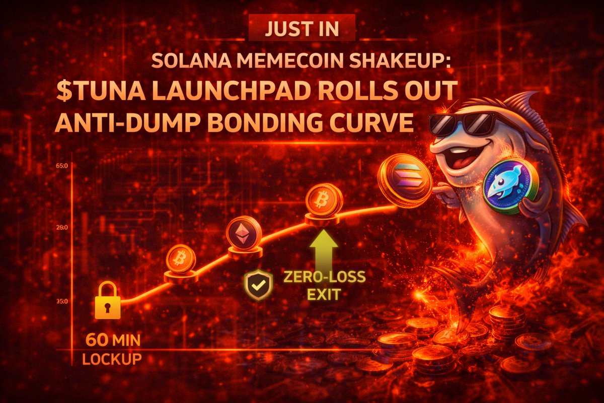 SOLANA MEMECOIN SHAKEUP: $TUNA LAUNCHPAD ROLLS OUT ANTI-DUMP BONDING CURVE  The $TUNA launchpad has introduced a new bonding curve system on Solana  featuring 60-minute lockups and zero-loss exits, designed to reduce rapid
