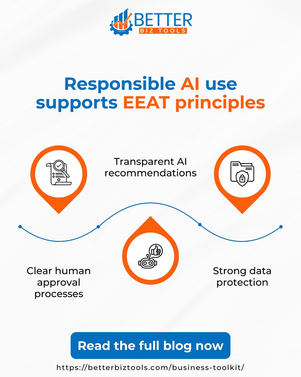 betterbiztool's tweet photo. Responsible AI use strengthens EEAT.
Human approvals, transparent recommendations, and strong data protection keep AI helpful, not harmful.
Read the full blog to learn why balance matters.

 https://t.co/xYlvcRgUqm

#aiethics #projectmanagement #eeat https://t.co/Ns0vpQMRla
