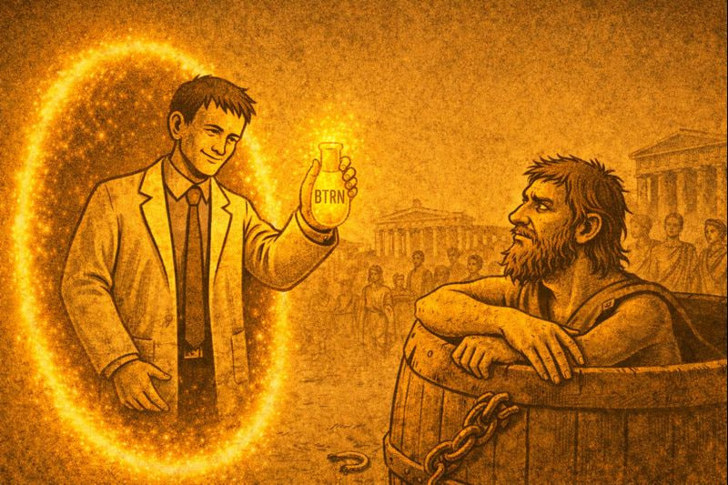 buteriniumBTRN's tweet image. 🧪 Day 37 — Buterin Meets Diogenes

1️⃣ Post — Arrival of the Anti-Crypto Philosopher

A Buterinium portal opened in ancient Athens —
and Buterin stepped out holding a test tube of glowing yellow Buterinium. 💛🧪

Diogenes looked up from his barrel, squinted, and said:
“Is that…