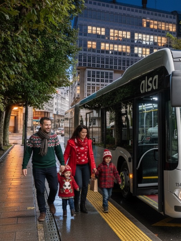🎄 Os nenos e nenas xa están de vacacións e queren gozar do Nadal.  

🚍 Todos temos o mesmo plan e atopar aparcamento é imposible. Sóache?  Pois que xa non che soe máis, viaxa connosco e non te estreses. #NadalEnBus

Foto editada coa axuda da IA.