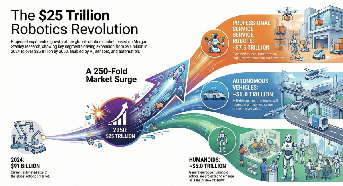 Morgan Stanley expects the global robotics market to grow from $91B today to $25T by 2050 — a 250× expansion 🤖🚀

Robotics is a full stack — these stocks stand to benefit 👇

🥇𝗧𝗶𝗲𝗿 𝟭: 𝗕𝗿𝗮𝗶𝗻𝘀 + 𝘀𝗰𝗮𝗹𝗲
$NVDA | Nvidia
$TSLA | Tesla
$GOOGL | Alphabet
$AMZN | Amazon