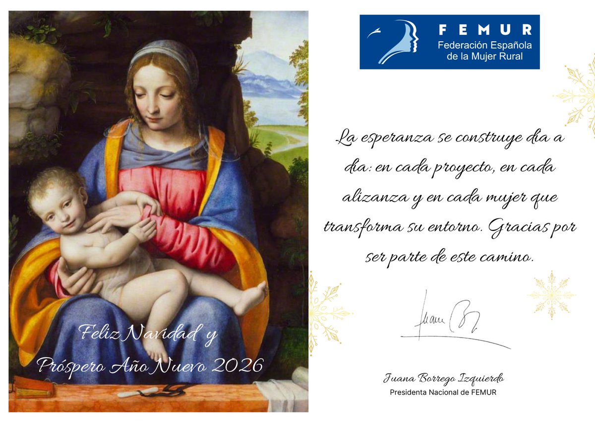 Nuestra Presidenta Nacional, Juana Borrego, os envía nuestros mejores deseos en esta Navidad que está a punto de comenzar y para 2026.
Continuaremos trabajando en proyectos e iniciativas que pongan en valor a las mujeres rurales y su entorno.
¡Feliz Navidad y próspero 2026!