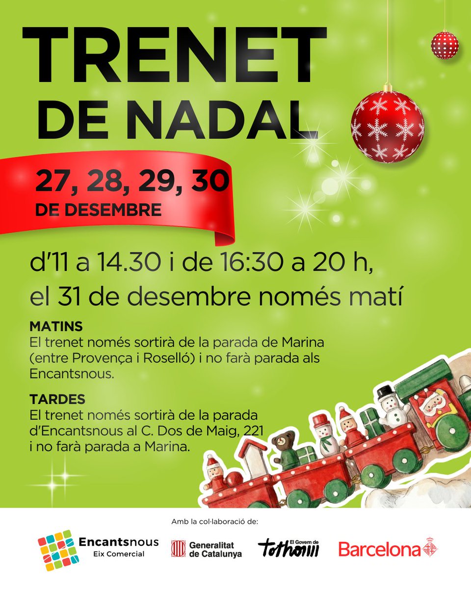 🚂🎄 El Trenet de Nadal torna als Encantsnous!
Del 27 al 30 de desembre i el 31 només al matí.
Horaris: 11-14:30 i 16:30-20 h. Sortides: Marina (matí) i Encantsnous (tarda).