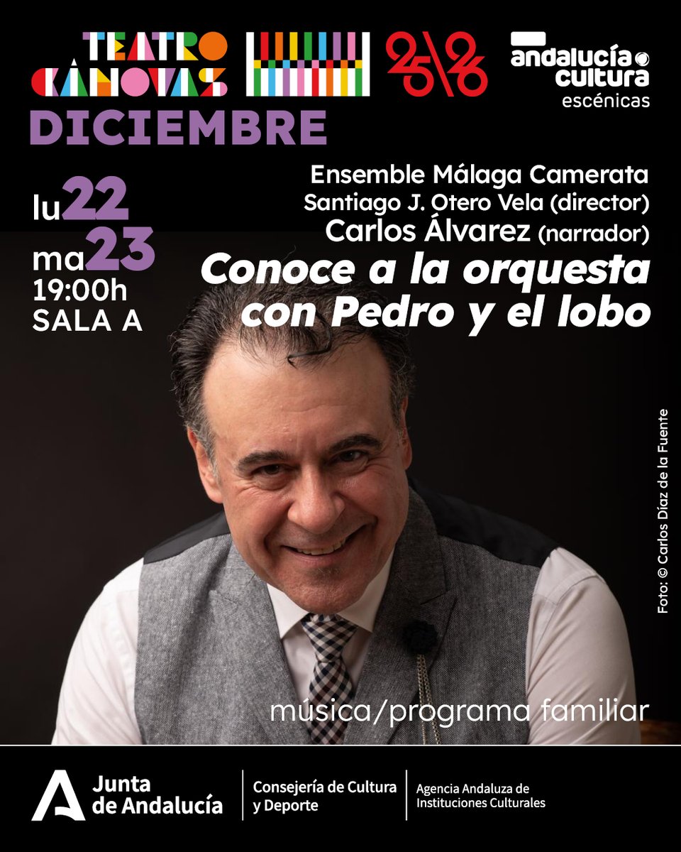 CulturaAND's tweet image. 🎶 ¡Esta semana, un musical para el público familiar en el Teatro Cánovas #Málaga!

✅ Llega 'Pedro y el Lobo', con el barítono Carlos Álvarez como narrador. Una producción del teatro malagueño y la Asociación Amiga de la Ópera de Málaga.

🗓️22-23DIC

ℹ️lajunta.es/664lj