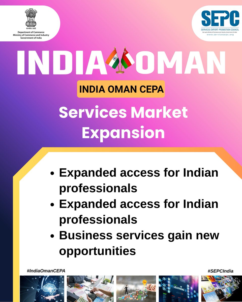 Sepc_India's tweet photo. IndiaโOman CEPA expands access for Indian professionals and boosts business services exports.
SEPC supports Indian service exporters in leveraging new global opportunities ๐ฎ๐ณ๐ด๐ฒ
#IndiaOmanCEPA #SEPCIndia #ServicesTrade #GlobalMarkets https://t.co/c8Yc7xMiXi