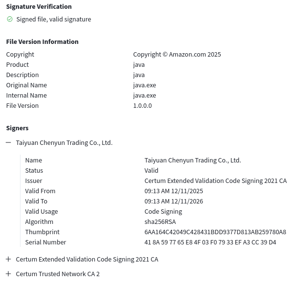 malwrhunterteam's tweet image. "Taiyuan Chenyun Trading Co., Ltd." (Certum given cert) signed "Screenshot2025122068698m.pif" sample: 14d374ea0604f70e6f39306efd948e7962fdd21cdb3e187ba461312027ebd3f5
🤷‍♂️