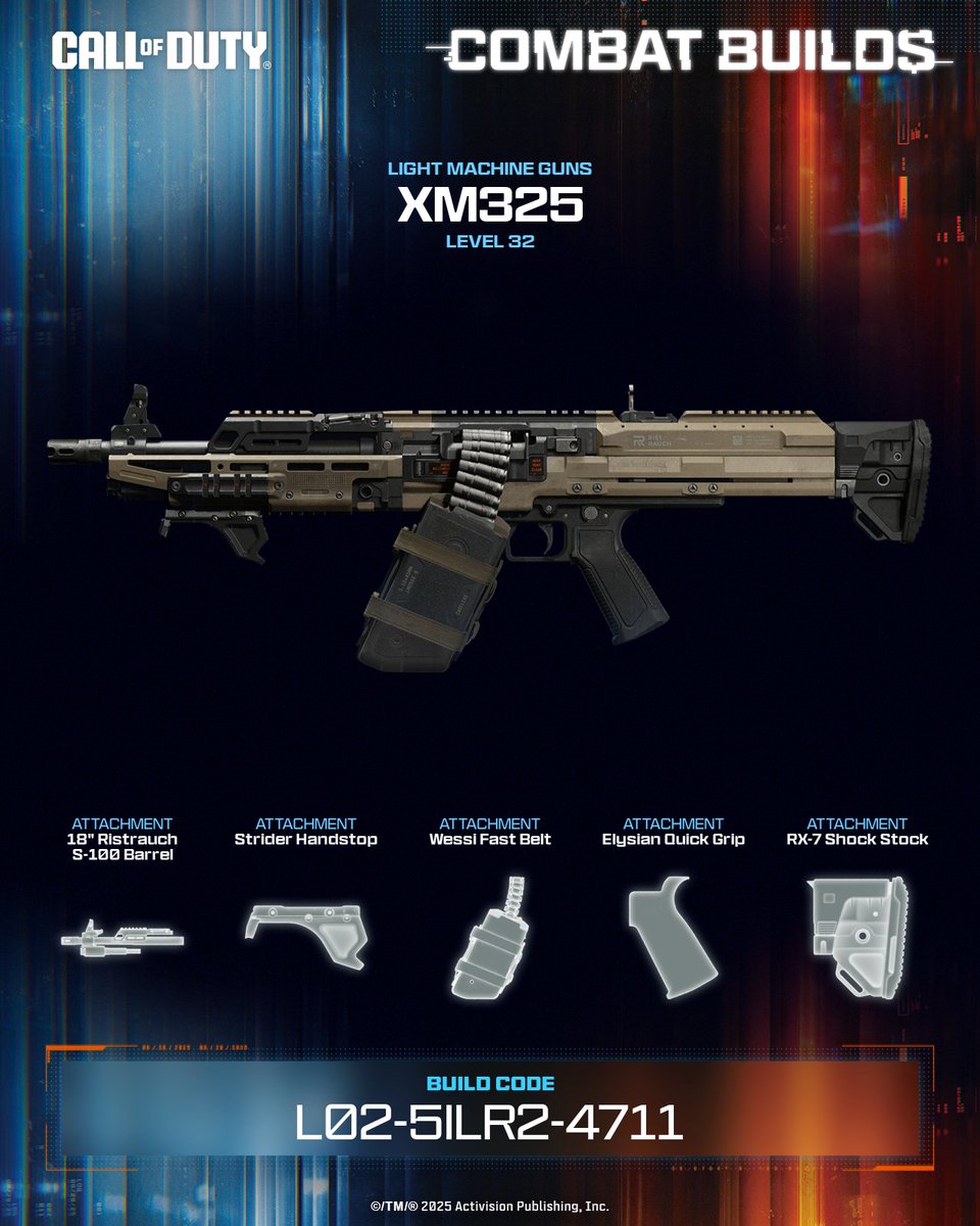 Yubabat's tweet photo. This XM325 LMG goes all-in on movement and handling for aggressive play 🔥

💥 Equip this build now ➡️ L02-5ILR2-4711 #CallOfDuty #CODCombatBuilds https://t.co/rxJhiyqxgB