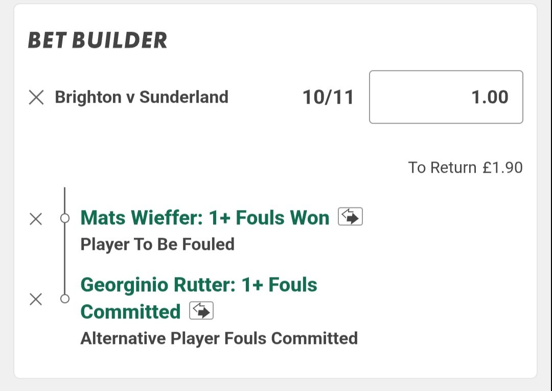 Billys_Bets's tweet image. 🏴󠁧󠁢󠁥󠁮󠁧󠁿 Brighton v Sunderland
📖 Bet365