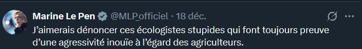 Je pensais que le RN défendait les Français...Les écologistes ne sont pas des français pour le RN...
Un parti qui sélectionne ses partisans, ça me rappelle vaguement quelque chose...Un parti politique qui a créer des camps pour ses opposants, en Allemagne dans les années 40...