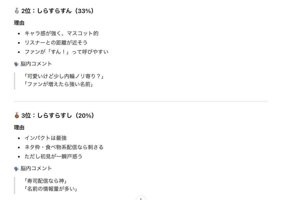 ちなみになんでしらすらすーにしたのかは、chatGPTに脳内1万人アンケートを取ってもらった結果です。

しらすらすしは、寿司配信なら神だそうです。