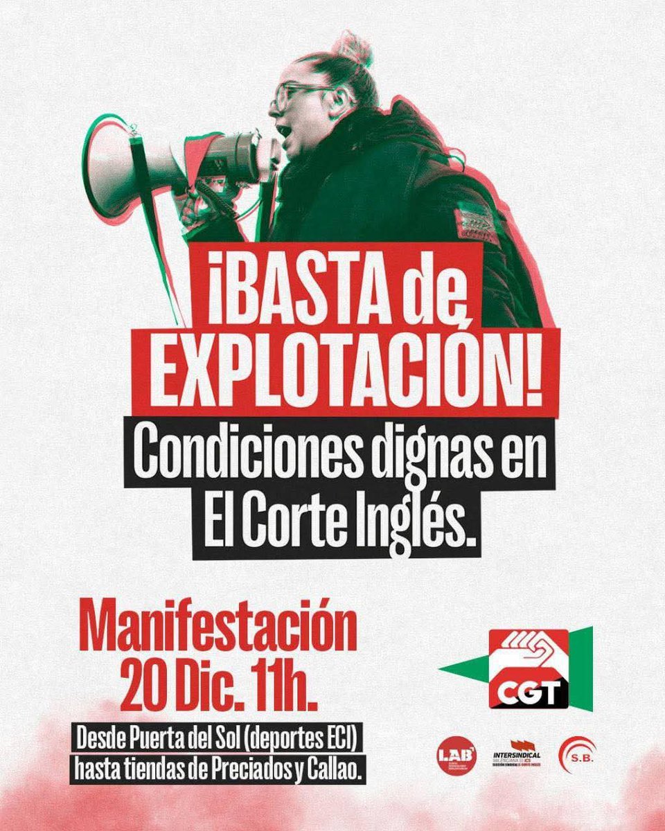 Hoy las compañeras y compañeros de <a href="/CgtCorteIngles/">CGT CORTE INGLES</a> vuelven a salir a la calle a exigir unas condiciones dignas en su trabajo y a gritar alto y claro ¡BASTA YA DE EXPLOTACIÓN!
#ElCorteInglésNoEsLoQueEra