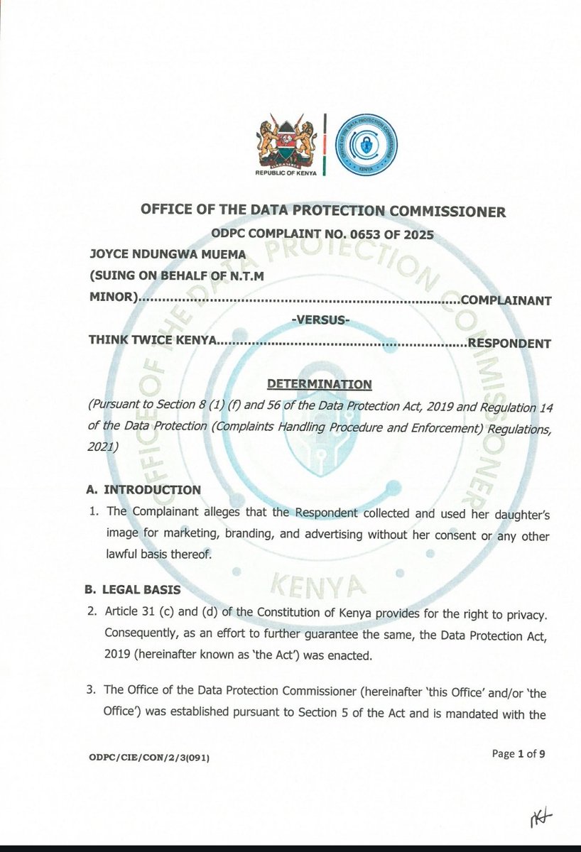 Thuranira_1's tweet image. Think Twice has been ordered to pay Kshs. 700,000 for using a minor's images for marketing, branding, and advertising without express consent or any other lawful basis. The ODPC found that the respondent processed these photos across social media platforms for over a year to…