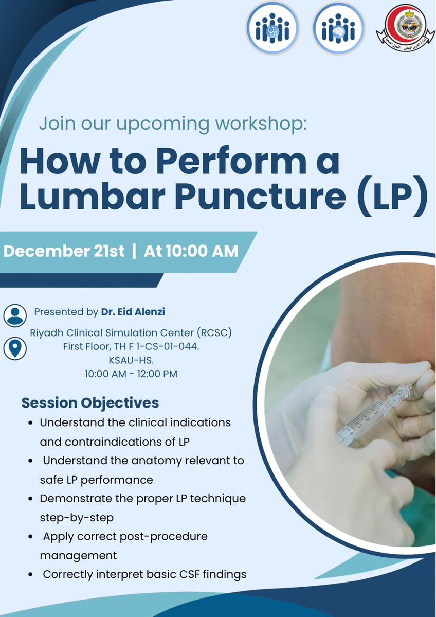 Lumbar puncture (LP) isn’t just a procedure, it’s a diagnostic cornerstone in Neurology and Internal Medicine. 🧠💉

Join our Neurology × IM LP Workshop and gain hands-on skills in indications, anatomy, technique, and CSF interpretation, step by step. 

📍 Dec 21 | 10:00 AM
📍