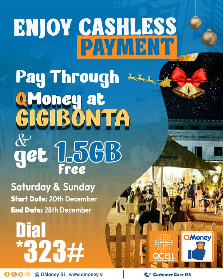Salonemessenger's tweet photo. Enjoy Cashless Payments with QMoney because every time you pay through QMoney at *Gigibonta*, you will get *1.5GB* FREE data
Call 133 for more info.
#QMoneySL
#Kipamnaufone
#CashlessPayments
#GigibontaRestaurant https://t.co/dc6NSeDaBZ