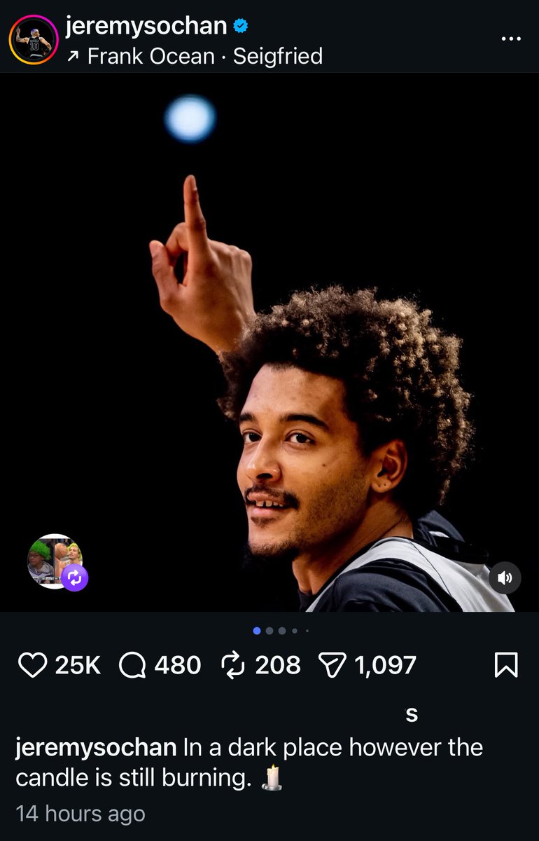 SpursReporter's tweet photo. As you might know, Spurs forward Jeremy Sochan’s latest Instagram post is getting a lot of attention. 

By pairing the photos he shared with Frank Ocean’s “Siegfried,” the song leans into themes of identity, isolation, and introspection. 

In the middle of an NBA grind that appears to be especially tough, the caption-   “in a dark place however the candle is still burning” appears to signal not drama, but resilience.

Despite the tough exterior, Jeremy has shown he has a quiet strength and sensitivity. Since he decided to share this with everyone, perhaps it may be a good idea to see and recognize that resilience. 🕯️ #PorVida  #NBA