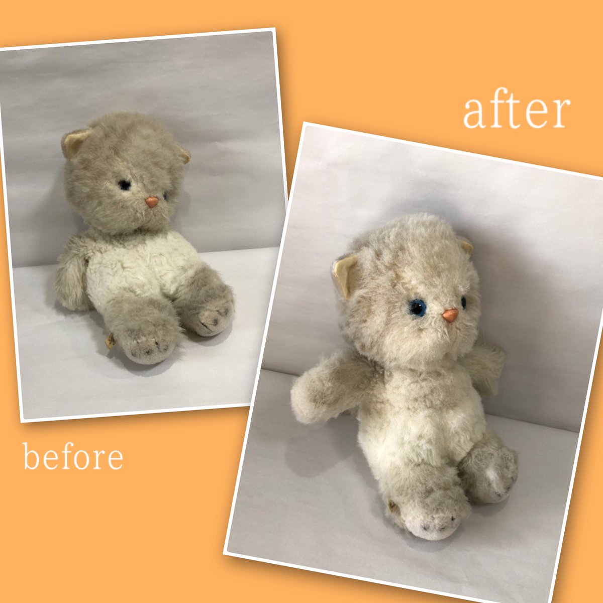 nuigurumi_diane's tweet image. 目の周りの生地が穴になって瞳が奥まってしまった……

⬆️こんな症状は、高齢のぬいぐるみさんに見られがち🧸

この年代のぬいぐるみは、中身にウレタンスポンジが詰められていることが多く、ウレタンの劣化によって生地も傷めやすくなります。
ウレタンから化繊綿への取り替え治療ができます☁️