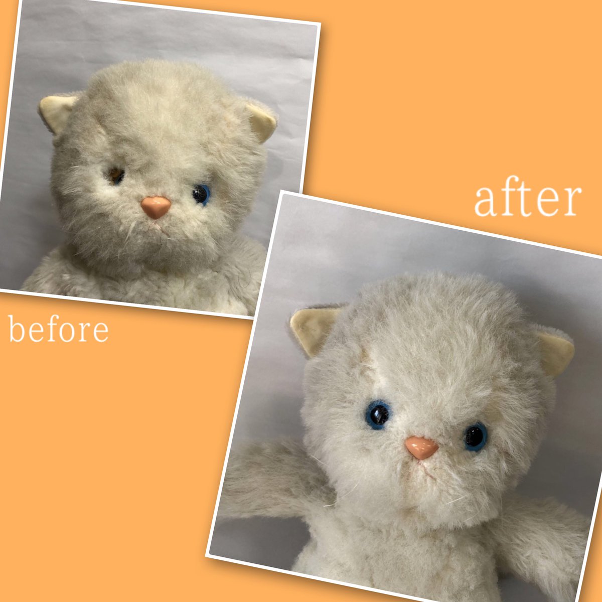 nuigurumi_diane's tweet image. 目の周りの生地が穴になって瞳が奥まってしまった……

⬆️こんな症状は、高齢のぬいぐるみさんに見られがち🧸

この年代のぬいぐるみは、中身にウレタンスポンジが詰められていることが多く、ウレタンの劣化によって生地も傷めやすくなります。
ウレタンから化繊綿への取り替え治療ができます☁️