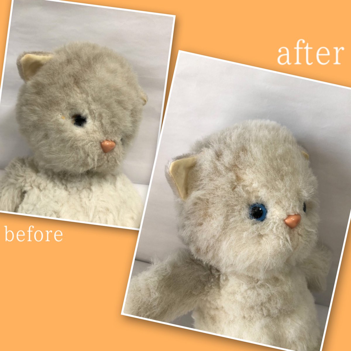 nuigurumi_diane's tweet image. 目の周りの生地が穴になって瞳が奥まってしまった……

⬆️こんな症状は、高齢のぬいぐるみさんに見られがち🧸

この年代のぬいぐるみは、中身にウレタンスポンジが詰められていることが多く、ウレタンの劣化によって生地も傷めやすくなります。
ウレタンから化繊綿への取り替え治療ができます☁️