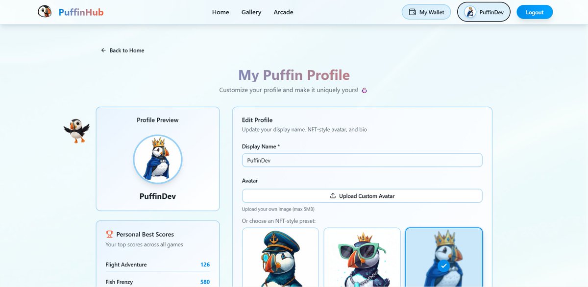 New Create a Puffin Profile!

Personalized puffin profiles have been added as an update. keep track of all the high scores from the arcade puffin games. #caffeineai #icp