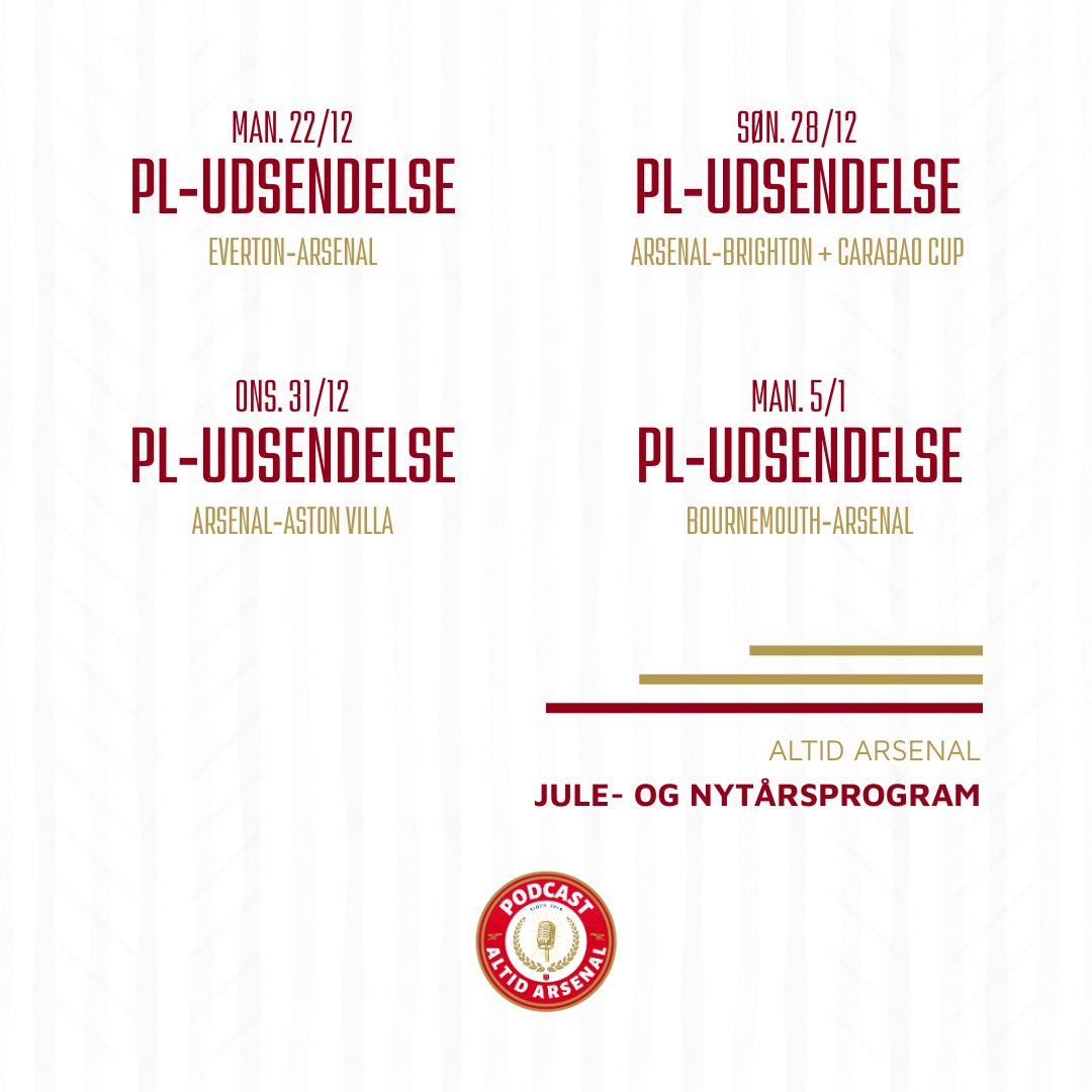 AltidArsenal's tweet image. Masser af kampe i den kommende tid.🤪

Her er en oversigt over vores planlagte udsendelser i julen og nytåret.

Vi høres ved! 🫡

#AltidArsenal #Arsenaldk