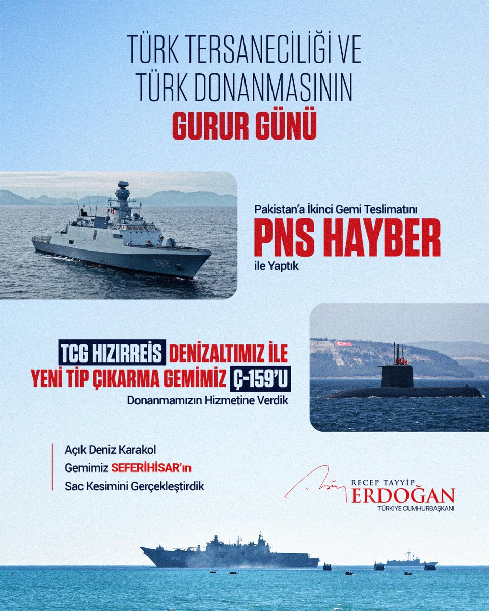 Bugün denize uğurladığımız ve bayrak çektiğimiz platformlar alın terinin, aklın, emeğin, cesaretin ve adanmışlığın eseridir. Bunların en başında, havadan bağımsız tahrik sistemi ve gelişmiş sonar yetenekleriyle sessiz derinliklerin millî bekçisi olacak TCG HIZIRREİS vardır.