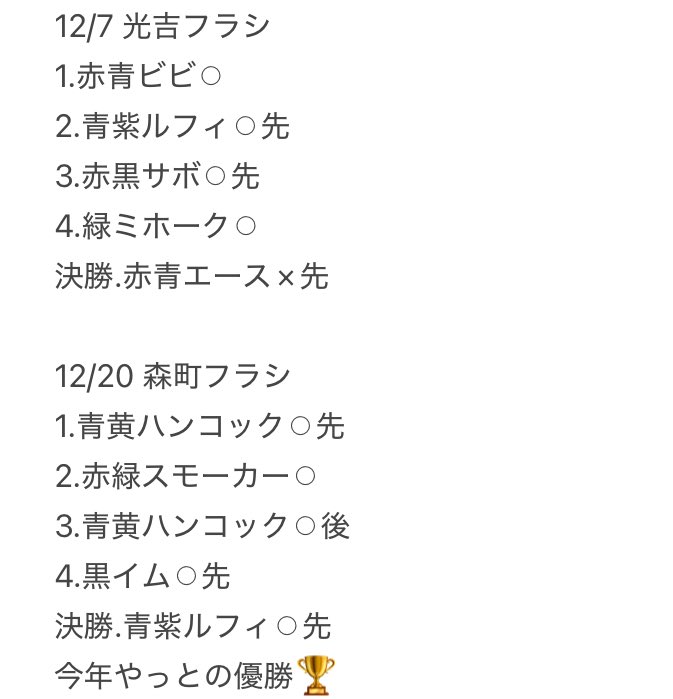 今月のフラシ戦績
リーダーは、いつも通り緑ボニー😘

今日は前回の決勝負けリベンジ出来て良かった〜✨
イムに先手で捲ったのもヤバかったし、決勝最後も選択肢多すぎて正解が分からんかったけど、勝ててよかった😭✨

明日のフラシと非公認も頑張るか〜