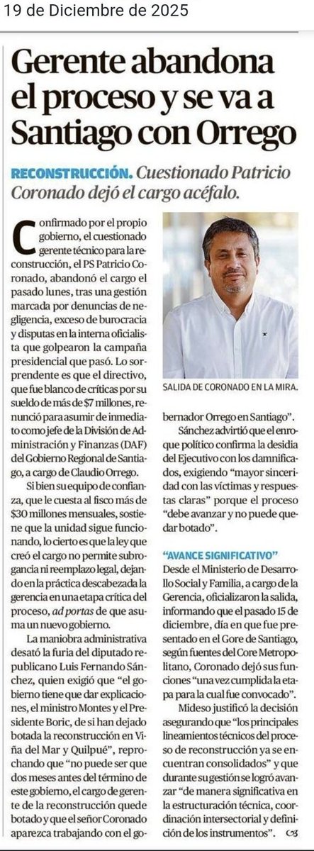 📍Patricio Coronado tuvo una gestión tan mala en la reconstrucción de la Región de Valparaíso en el gobierno de <a href="/GabrielBoric/">Gabriel Boric Font</a>, que el nefasto de <a href="/Orrego/">Claudio Orrego L.</a> lo premió y lo contrató en el GORE Metropolitano. FIN