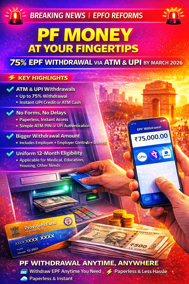 <a href="/IndianTechGuide/">Indian Tech & Infra</a> 🚨 BREAKING NEWS | EPFO REFORMS 🚨

💳 PF MONEY AT YOUR FINGERTIPS

75% EPF Withdrawal via ATM &amp; UPI by March 2026

📍 New Delhi

In a major relief for salaried employees, the Ministry of Labour &amp; Employment has announced that EPF subscribers will be able to withdraw up to 75% of